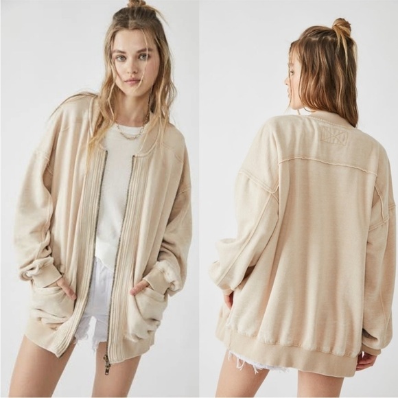 Free People Robby Bomber Beige Zip Front Jacket in Nomadic Desert - Picture 1 of 8